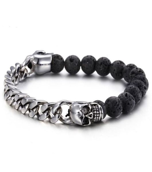 

volcanic stones with gold color stainless steel skull bracelets bangles curb cuban link chain bracelet biker man wristband7556720, Black