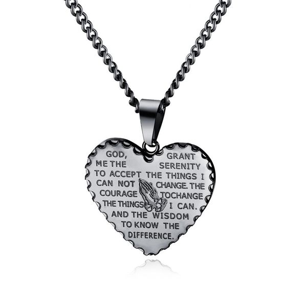 

fashion men charm heart pendant necklace prayer hand scripture punk hip hop jewelry stainless steel chain gold silver black neckla5545167