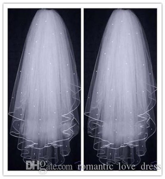 

white ivory 3 layers short wedding veils with perals matched comb ribbon edge tulle 2019 selling new bridal accessories 7549849, Black