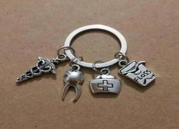 

dental dentist keychain nurse cap toothfloss keychain for keys car bag charm key ring handbag couple key chains jewelry 7578177613, Slivery;golden