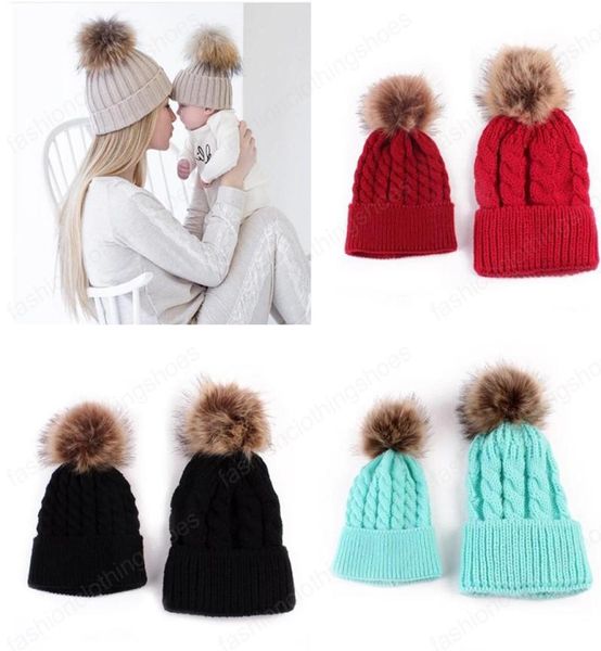 

6 colors ins mother and me baby kids boys girls beanies adults winter crochet pom poms hats children newborn caps for 03 years3344041, Yellow