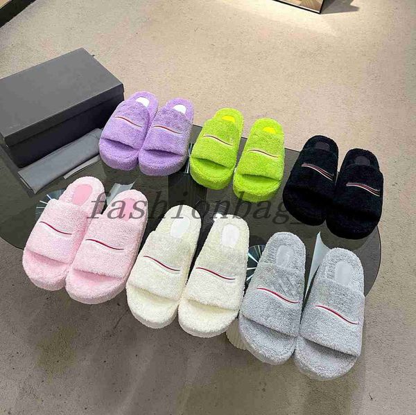 

designer women slippersfur one piece lamb wool warm comfortable woolen slipper wear fashion color scheme thick soled high rise shoe, Black