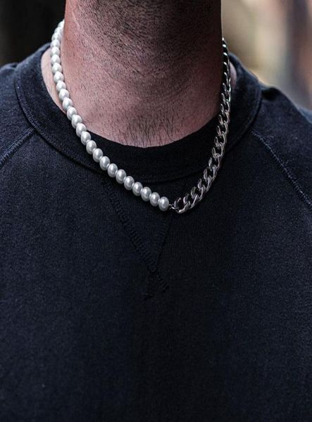 

plated half 10mm miami cuban link chain and half 8mm pearls choker necklace for men and women in stainless steel8241342, Golden;silver