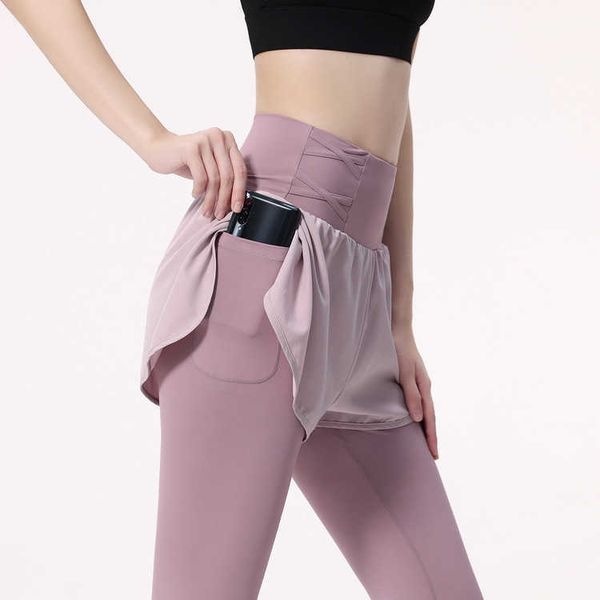 

women's wear l u pants women's fake two piece yoga culottes high waist sports fitness leggings