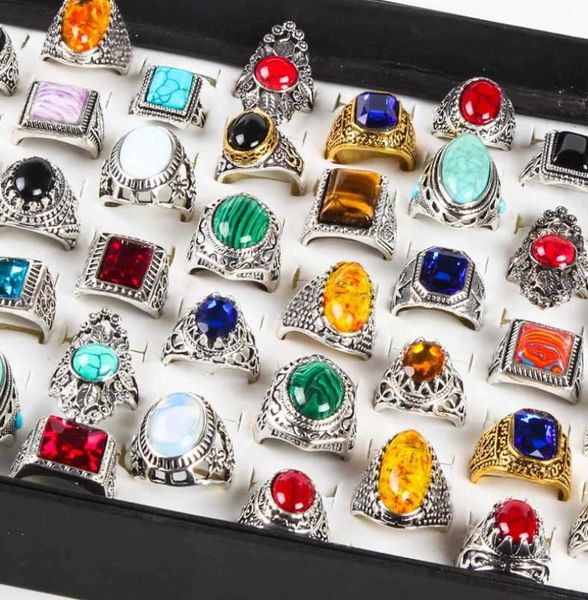 

50pcslot nature stone tibetan silver golden rings men vintage turquoise charm wedding engagement jewelry rings women whole lo2214830