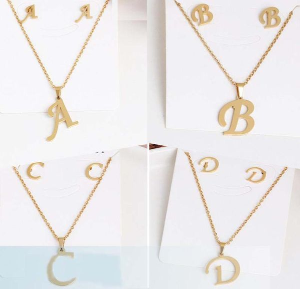 

26 letter necklaces with earring set stainless steel gold choker initial pendant necklace women alphabet chains jewelry5768963, Silver