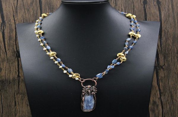 

guaiguai jewelry 2 strands cultured white pearl blue kyanite chain statement necklace rough raw kyenite pendant 22quot for lady 5974803, Silver