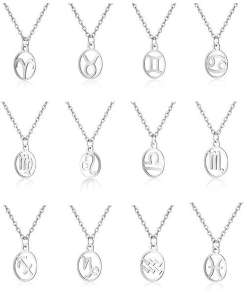

12 zodiac signs pendant necklaces stainless steel constellation necklaces women fashion choker new 5611100, Silver