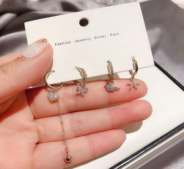 

925 sterling silver heart butterfly bird starfish hoop earrings sets inlaid cubic zircon 4piece earrings sets for women jewelry2719968, Golden;silver