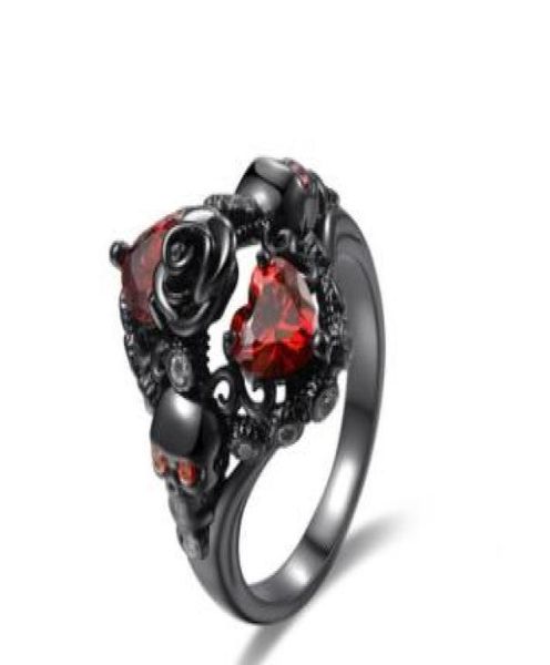 

european rose skull ring fashion heart red zircon punk lady ring mix size 6 to 101227077, Silver