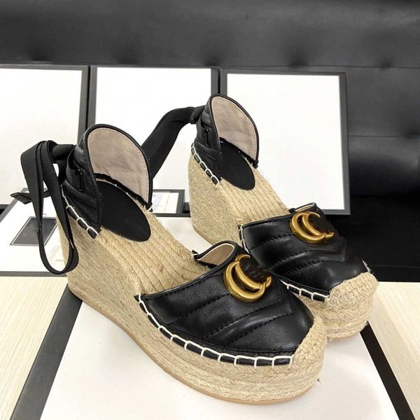 

women's espadrille sandal red and beige raffia slipper mid-heel shoes white leather trim fashion platform sandals designer emblematic p, Black
