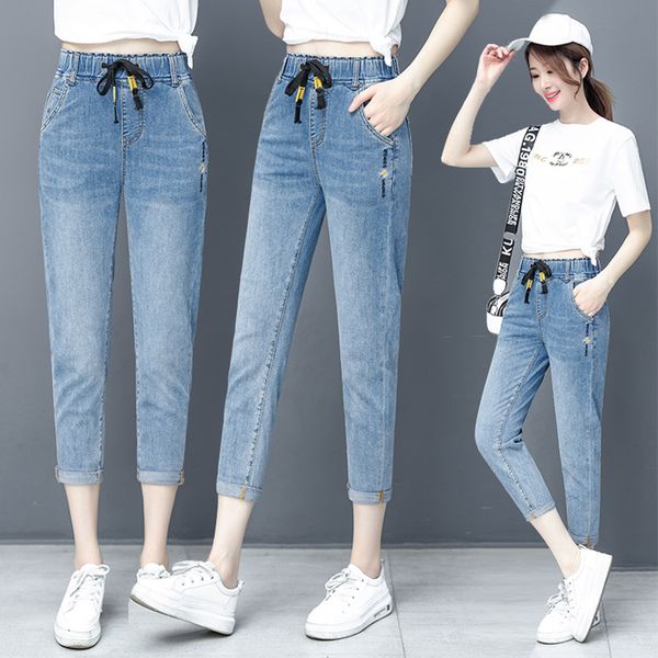 

harlan pants denim women's jeans summer capris elastic waist korean version loose radish pants elastic small daisy trouser, Blue