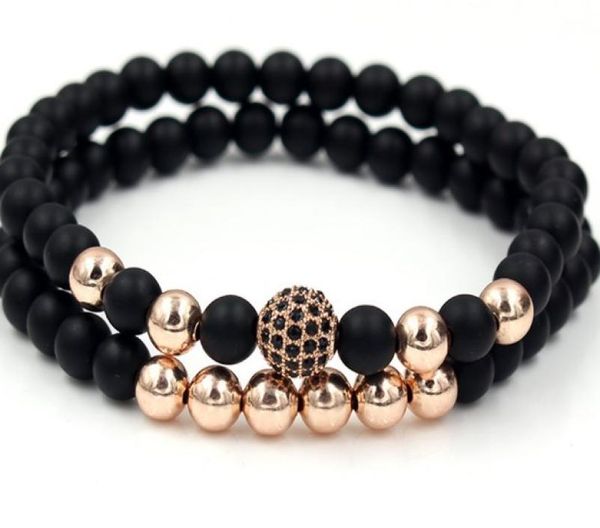 

6mm 2pcslot tj423 gold silver copper cz zircon cubic zirconia elastic adjusted charm nature stone frosted agate onyx bracelet5985690, Black