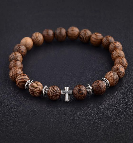 

men natural wood beads cross bracelets prayer bead bracelet women wooden jewelry 20208175080, Black