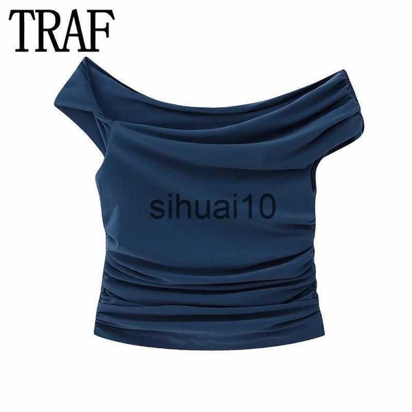 

women's t-shirt traf asymmetric crop women ruched off the shoulder female sleeveless woman fashion streetwear summer j230627, White