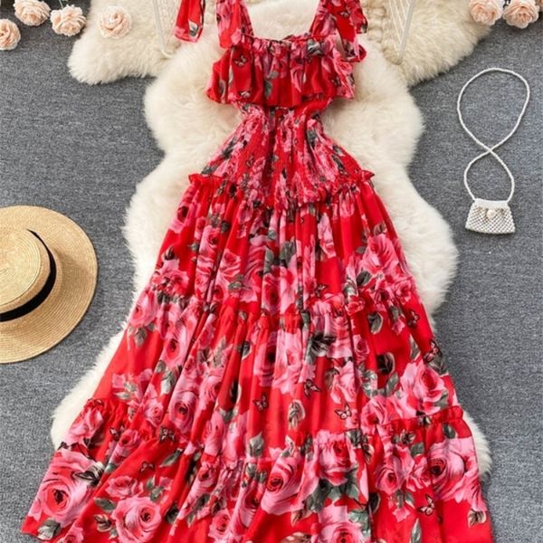 

chiffon beach dress women elegant floral printed boho long dresses summer bandage high waisted ruffles a line party long robe 220526, Black;gray