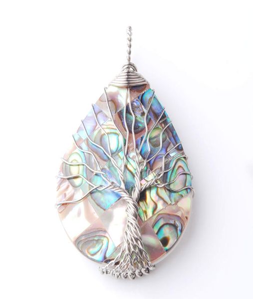 

wojiaer tree of life silver wire wrap water drop bead necklace pendant natural abalone shell jewelry chain 18 inch w93089623802