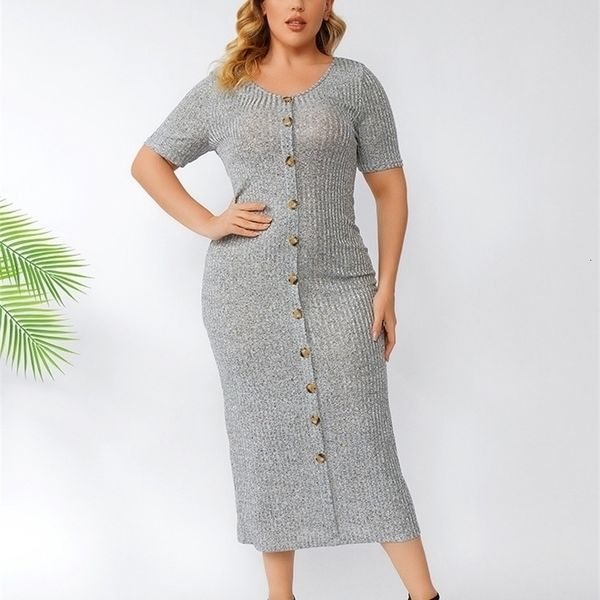 

gibsie plus size button front solid ribknit long dres summer short sleeve office casual slim fit bodycon pencil dress 220526, Black;gray