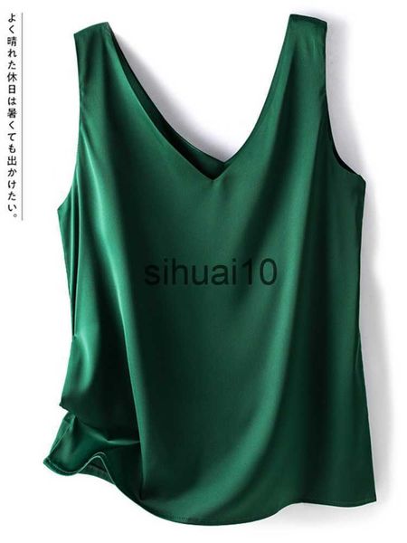 

women's t-shirt woman t-shirts elegant silk satin blouse sleeveless female summer 2023 casual loose tanks and camis solid green for wo, White