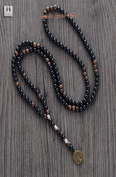 

men necklace quality 6mm black agate wood beads with tree pendant mens rosary necklace wooden beads mens jewelry2174281, Silver