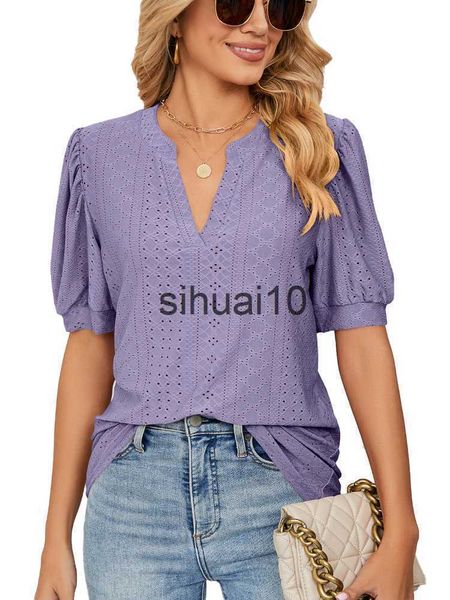 

women's t-shirt women short sleeve solid v neck hollow out t shirt j230627, White