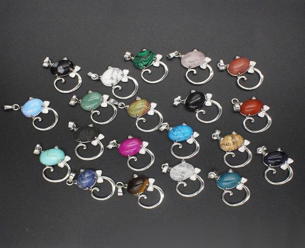 

12pcs natural stone cute sweet cat pendant necklace chakra cure quartz crystal hello cats jewelry birthday gifts for hermumwife5570009, Silver