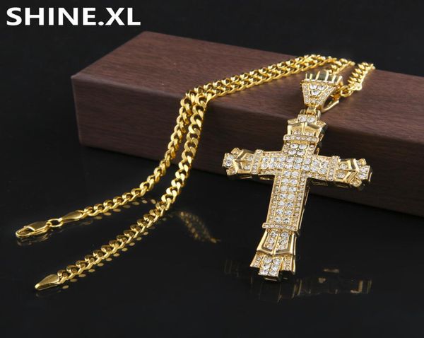 

men gold cross pendant necklace with stainless steel cuban chain hip hop iced out rhinestone bling party jewelry4310372, Silver