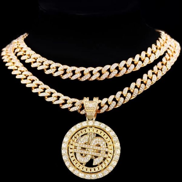 

pendant necklace hip hop rotatable pendant with cuban chain choker diamond necklace men women ice crystal coin jewelry, Silver