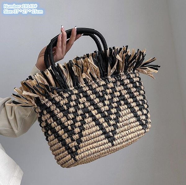 

Factory wholesale ladies' shoulder bags 2 colors, large capacity, fringed beach bag sweet little fresh woven striped handbag summer seaside holiday beach backpack, Black-19143#