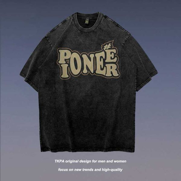 

tkpa high street distressed washable letter printing short sleeve t-shirt for men and women bf hip hop loose half sleeve top, White;black