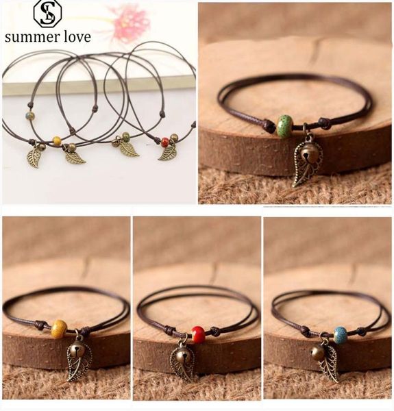 

handmade wax rope ceramic bead retro bell leaf charm bracelet anklet for women adjustable size ethnic style fashion ladys jewelry7395196, Black
