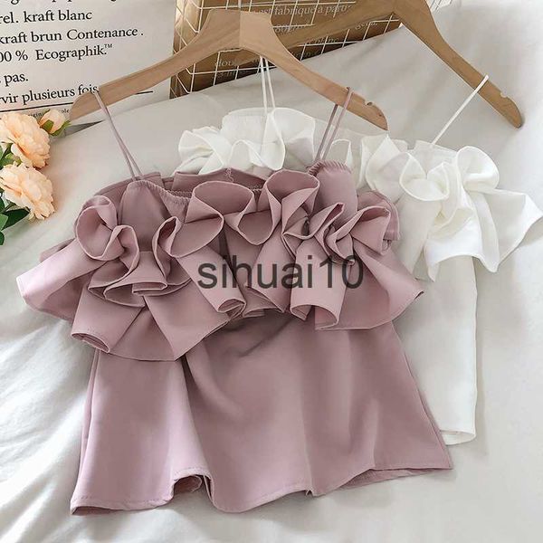 

women's t-shirt ins sweet ruffle chiffon camis summer solid women beach bustier backless lingerie fashion roupas femininas underwear ta, White
