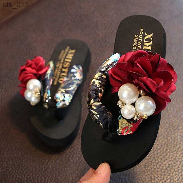 

summer children and mother girls flip-flops beach sandals for kids teenager fashion floral bohemia pearls slippers 5t to 14t 16t l230518, Black;grey
