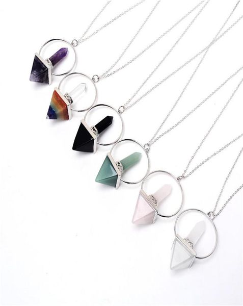 

pendant necklaces reiki healing 7 chakra necklace pendants pendulum dowsing hexagonal prism pyramid natural crystal stone charms j8327056, Silver