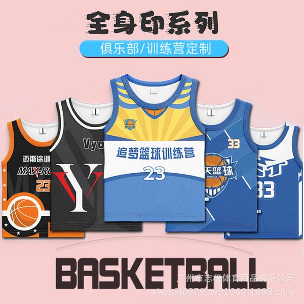 

zhiji factory store full body personality digital printing basketball wear quick-drying breathable children sportswear customization, Black;red