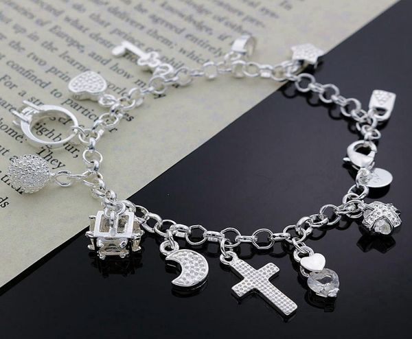 

fine 925 sterling silver bracelet for women menfashion 925 silver 13 pendants charm chain 8inch bracelet italy 2018 new arrival x8631592, Black