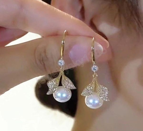 

korean light luxury crystal leaves pearl dangle earring for women exquisite zircon leaf tassel earring party wedding jewelry2039130, Silver