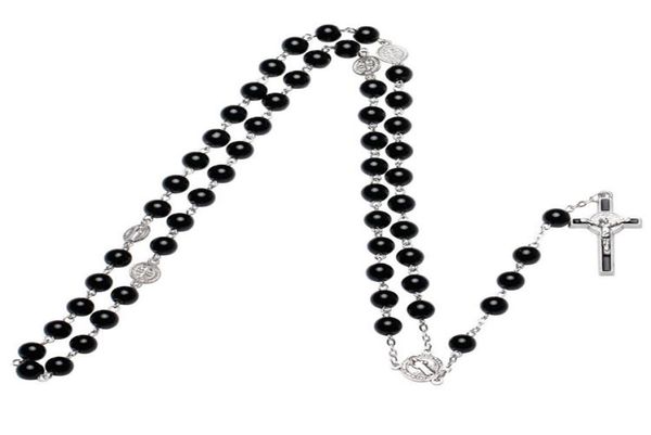 

black glass pearl catholic rosary necklace metal cross long necklace8599995, Silver