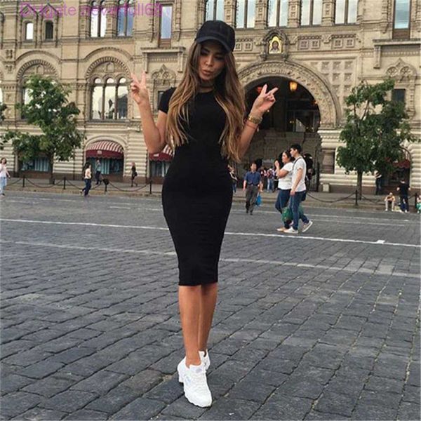 

dresses women bodycon summer new fitness black crew neck short sleeve sheath slim knee length dress, Black;gray