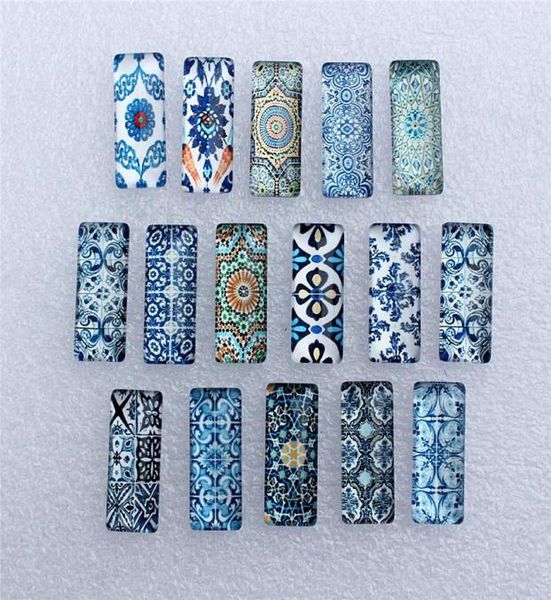 

10x25mm random mixed blue and white porcelain rectangle glass cabochon dome flatback po diy accessories 10pcslot k060355108963, Blue;slivery