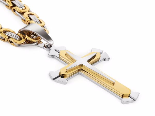 

stainless steel pendant necklace 3 layers knight cross gold silver tone strong byzantine chain mens fashion jewelry9555654