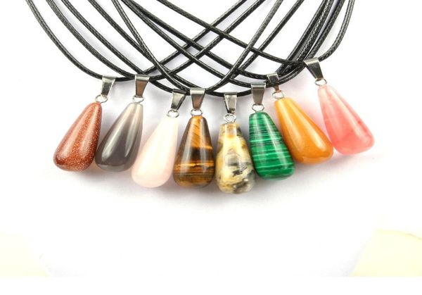 

natural stone crystal quartz opal long water drop pendant necklace leather chains for men women fashion jewelry9802072, Silver