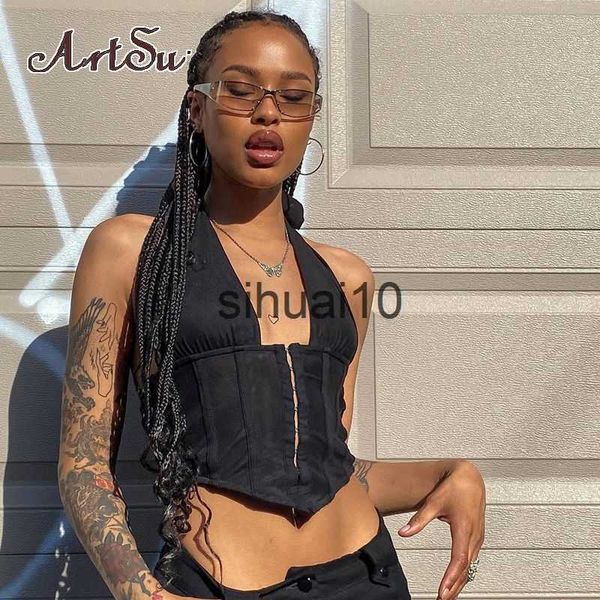 

women's t-shirt artsu black white backless halter crop women summer deep v sleeveless tanks camis lace up camisole asnve83440 j230627