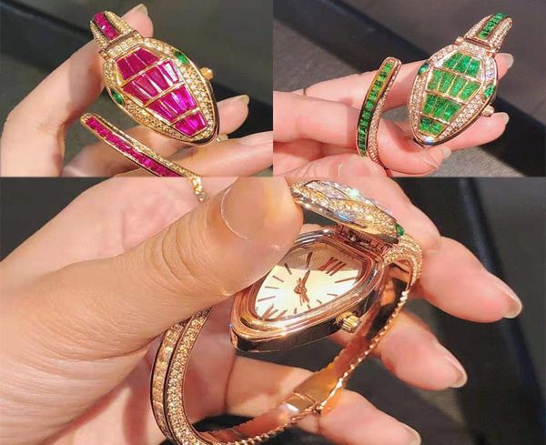 

new style fashion snake watch quartz movement luxury diamond iced out watch women watches rose gold bracelet woman wristwatches mo8896585, Black