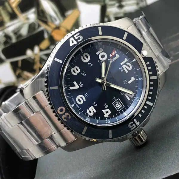 

ocean breit mechanical watch men's fashion blue mens bezel silver case rubber gents sport, Slivery;golden