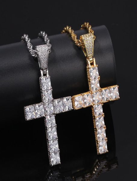 

hip hop square cz stone setting bling iced out cross pendants necklace for men rapper jewelry gold silver necklace1819248
