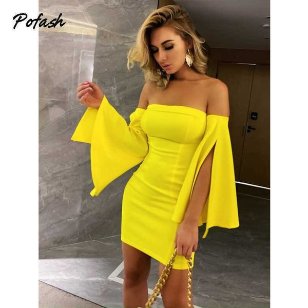 

pofash off shoulder solid mini dress women backless split long flare sleeves autumn dresses club party bodycon 210611, Black;gray