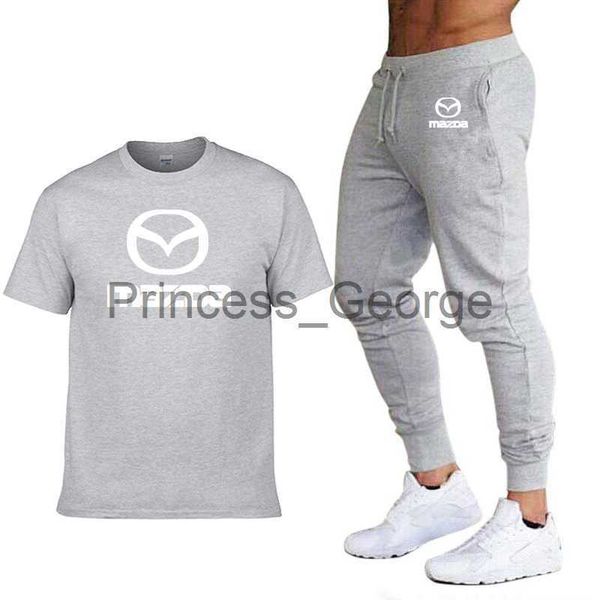 

men's tracksuits new summer men's short sleeve mazda car printed casual cotton men's tshirtpants suit 2pcs x0627, Gray