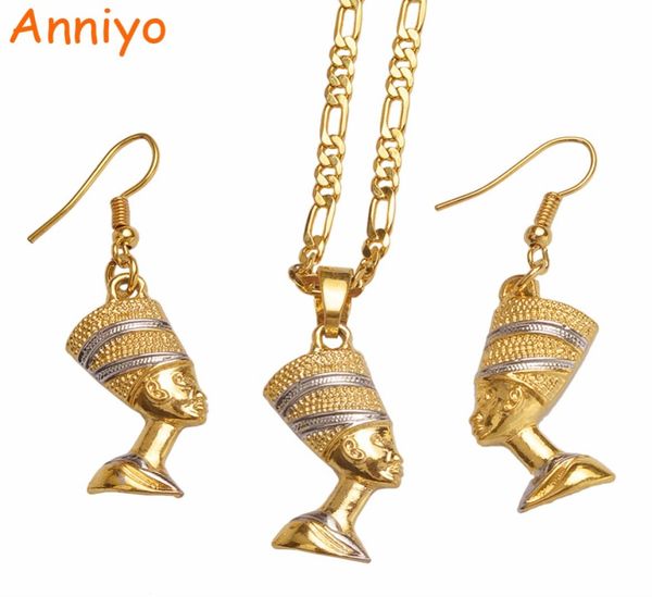 

anniyo egypt nefertiti queen portrait pendant necklace amp earrings egyptian womentwo tone african jewelry party sets 098906b8351848, Silver