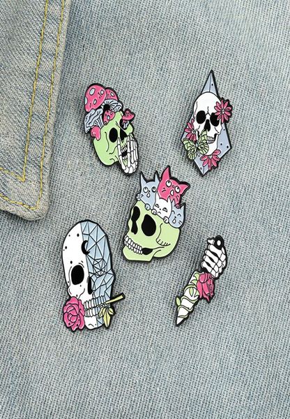 

living skeleton enamel pins custom rose cats skull dagger brooch lapel badge bag punk gothic jewelry gift for friends2084503, Gray